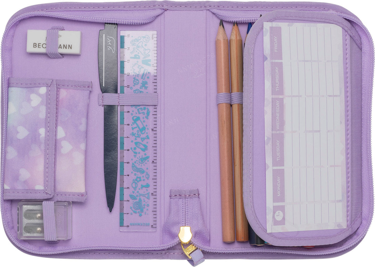 Single section pencil case w/content, Unicorn Princess Purple