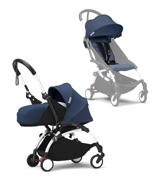 Stokke® YOYO³ stroller with newborn to toddler White/Air France Blue