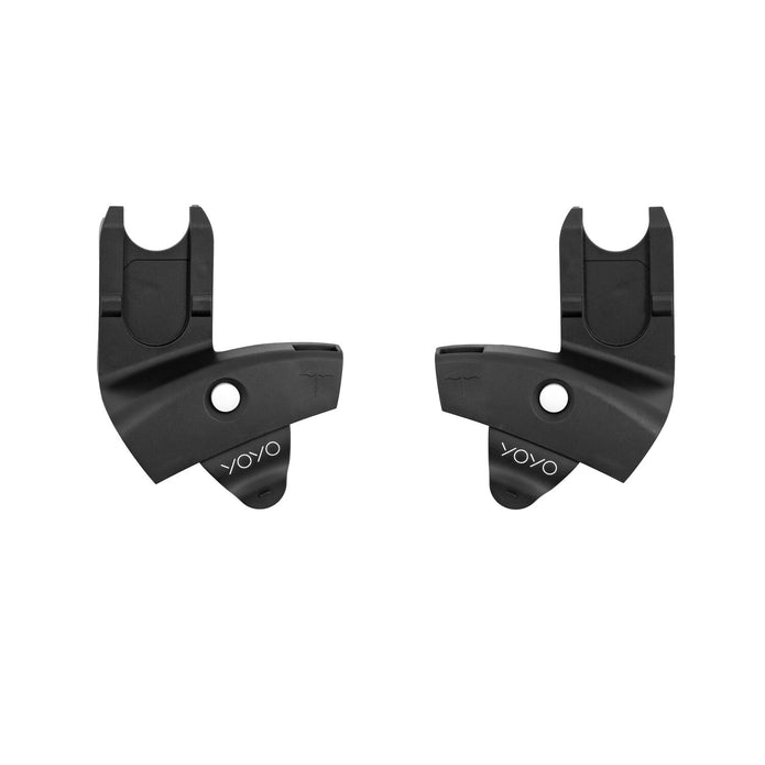 Pair of black Stokke YOYO Car Seat Adapters showing clip-in frame connectors and locking slots on a white background - Available from Parent Studio