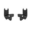 Pair of black Stokke YOYO Car Seat Adapters showing clip-in frame connectors and locking slots on a white background - Available from Parent Studio