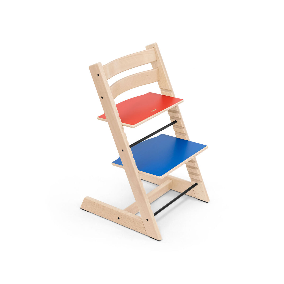 Side profile of the Stokke Tripp Trapp Chair MoMA Edition showing 1 of 4 reversible multi-colour plates combinations, available from Parent Studio.