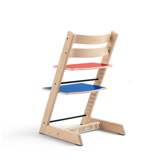 Rear side profile of the Stokke Tripp Trapp Chair MoMA Edition showing 1 of 4 reversible multi-colour plates combinations, available from Parent Studio.