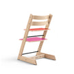 Rear side profile of the Stokke Tripp Trapp Chair MoMA Edition showing 1 of 4 reversible multi-colour plates combinations, available from Parent Studio.