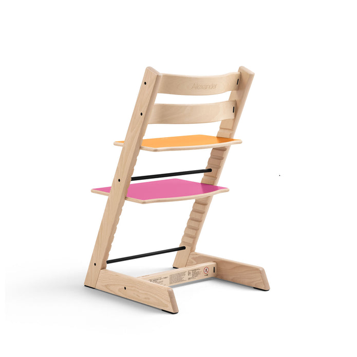 Rear side profile of the Stokke Tripp Trapp Chair MoMA Edition showing 1 of 4 reversible multi-colour plates combinations, available from Parent Studio.