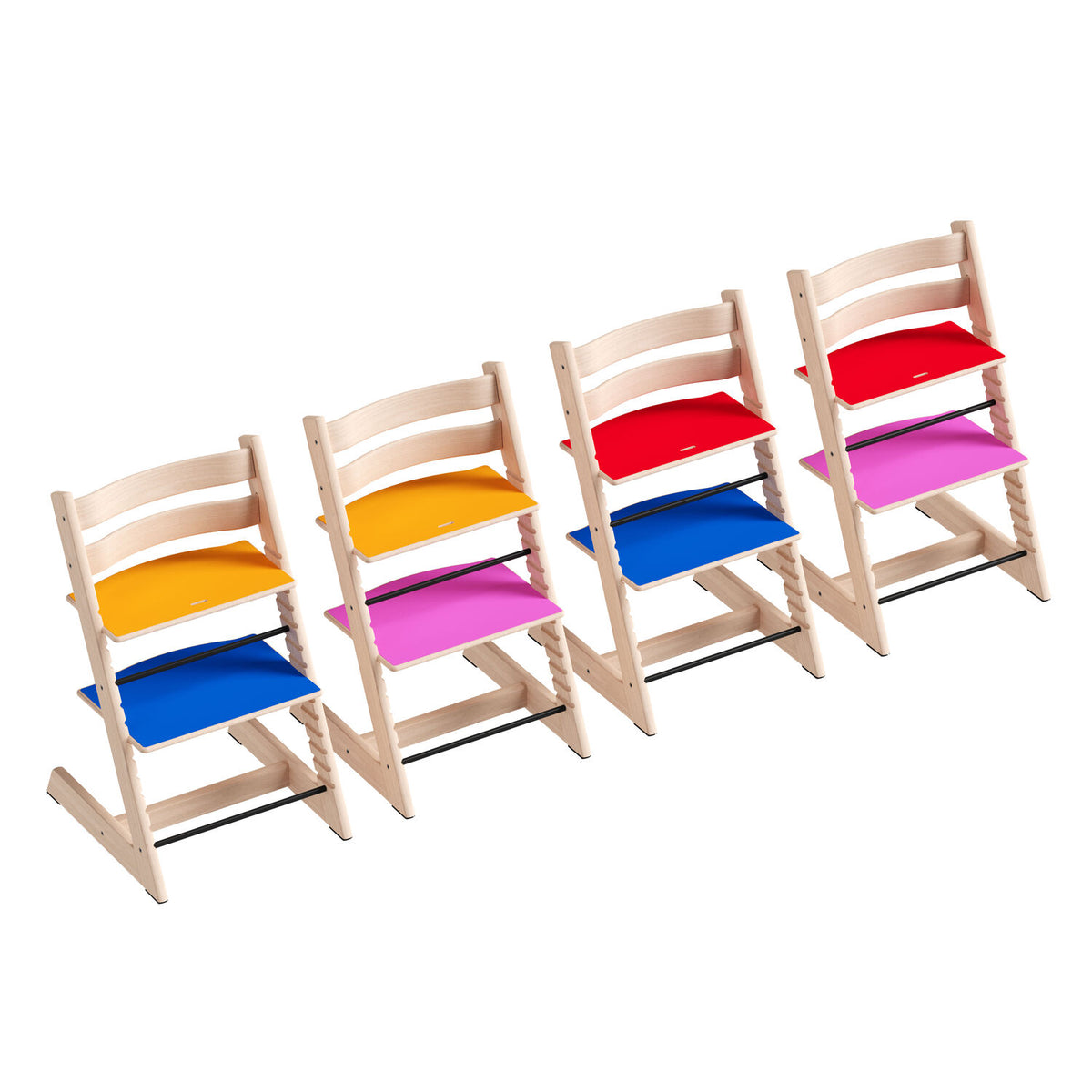 Four profile views of the Stokke Tripp Trapp Chair MoMA Edition showing all combinations of the reversible multi-colour plates and laser-engraved logo, available from Parent Studio.