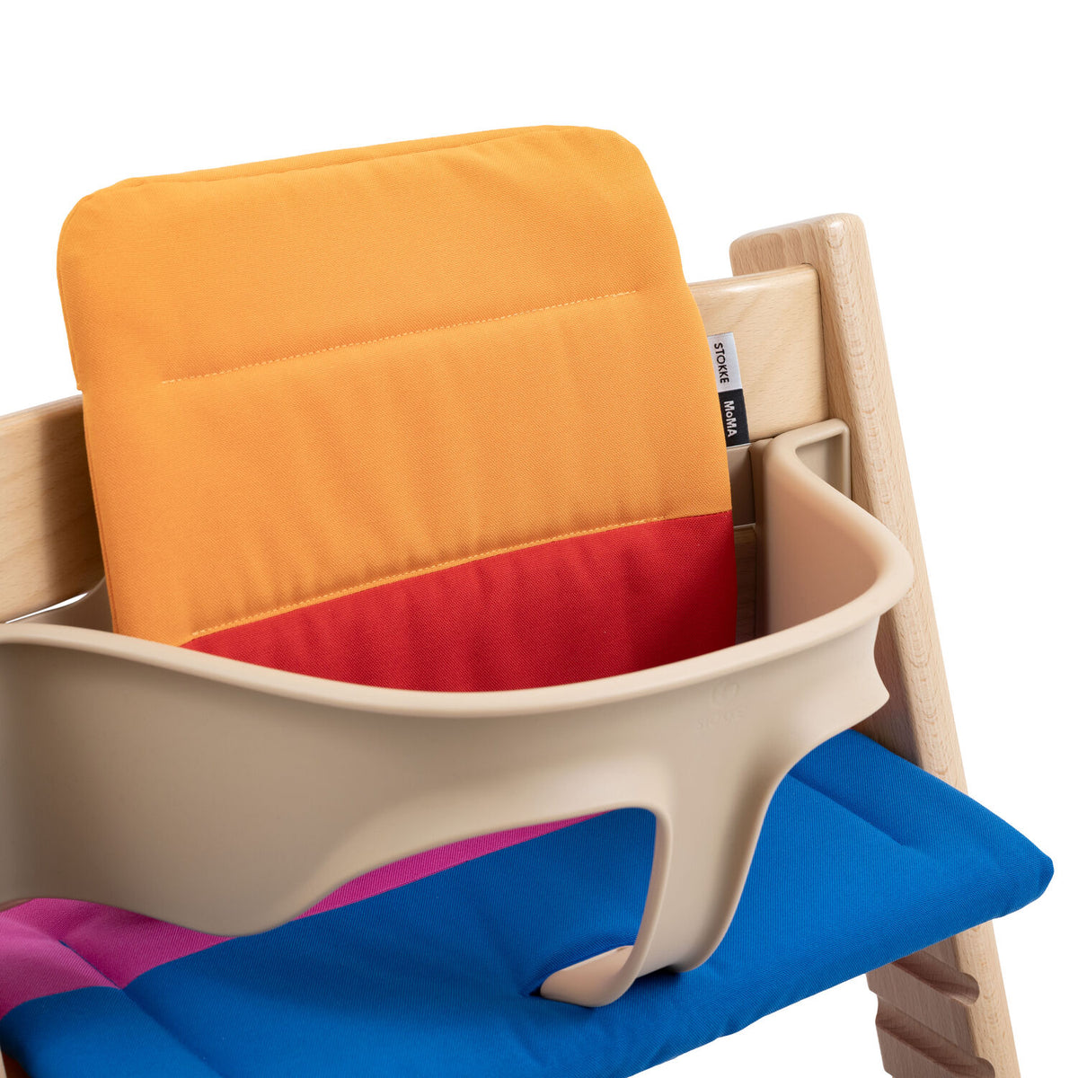 Close-up of the Stokke Tripp Trapp Cushion MoMA Edition fitted on a Tripp Trapp chair, available from Parent Studio.