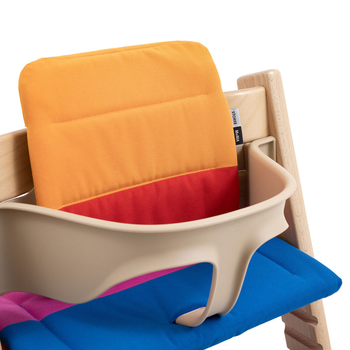Close-up of the Stokke Tripp Trapp Cushion MoMA Edition fitted on a Tripp Trapp chair, available from Parent Studio.