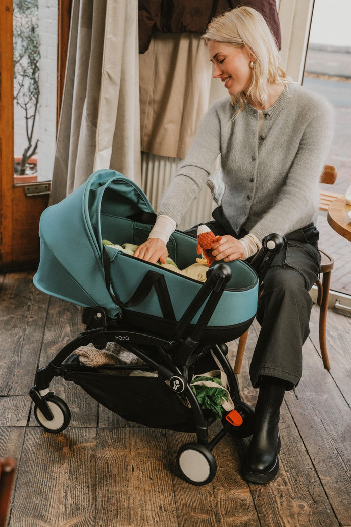 Stokke® YOYO³ Stroller - Compact Stroller Newborn Shell to Toddler Black/Aqua