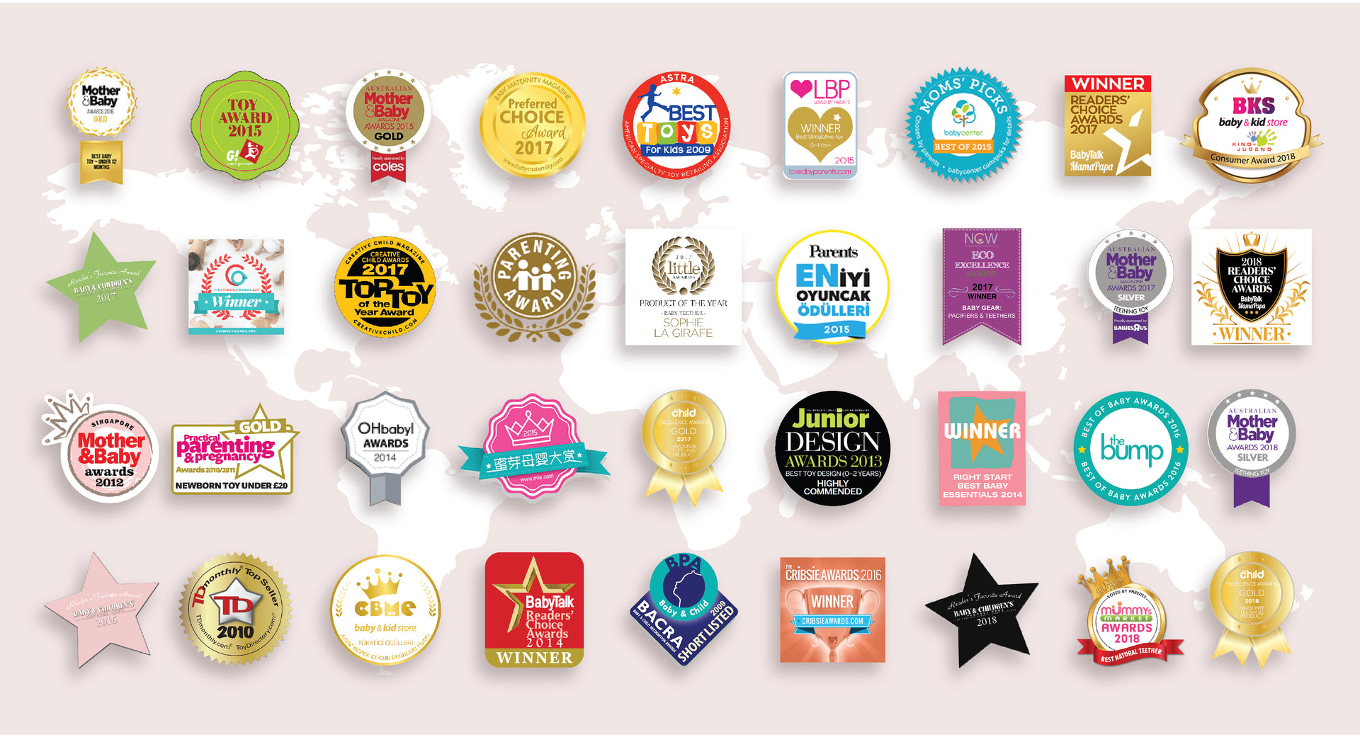 Collection of various worldwide awards and badges on a white background for Sophie le girafe