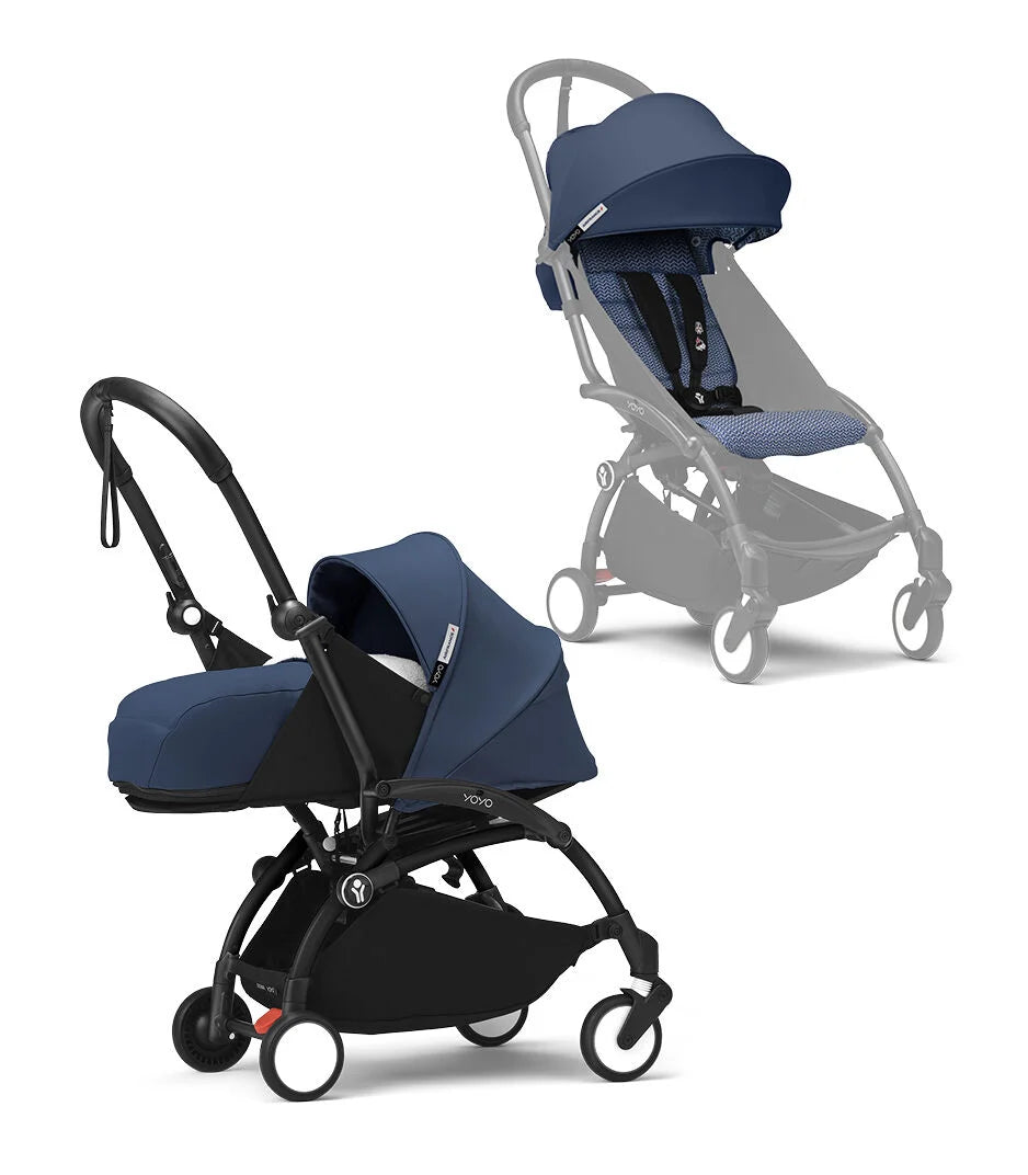 Stokke® YOYO³ stroller with newborn to toddler Black/Air France Blue