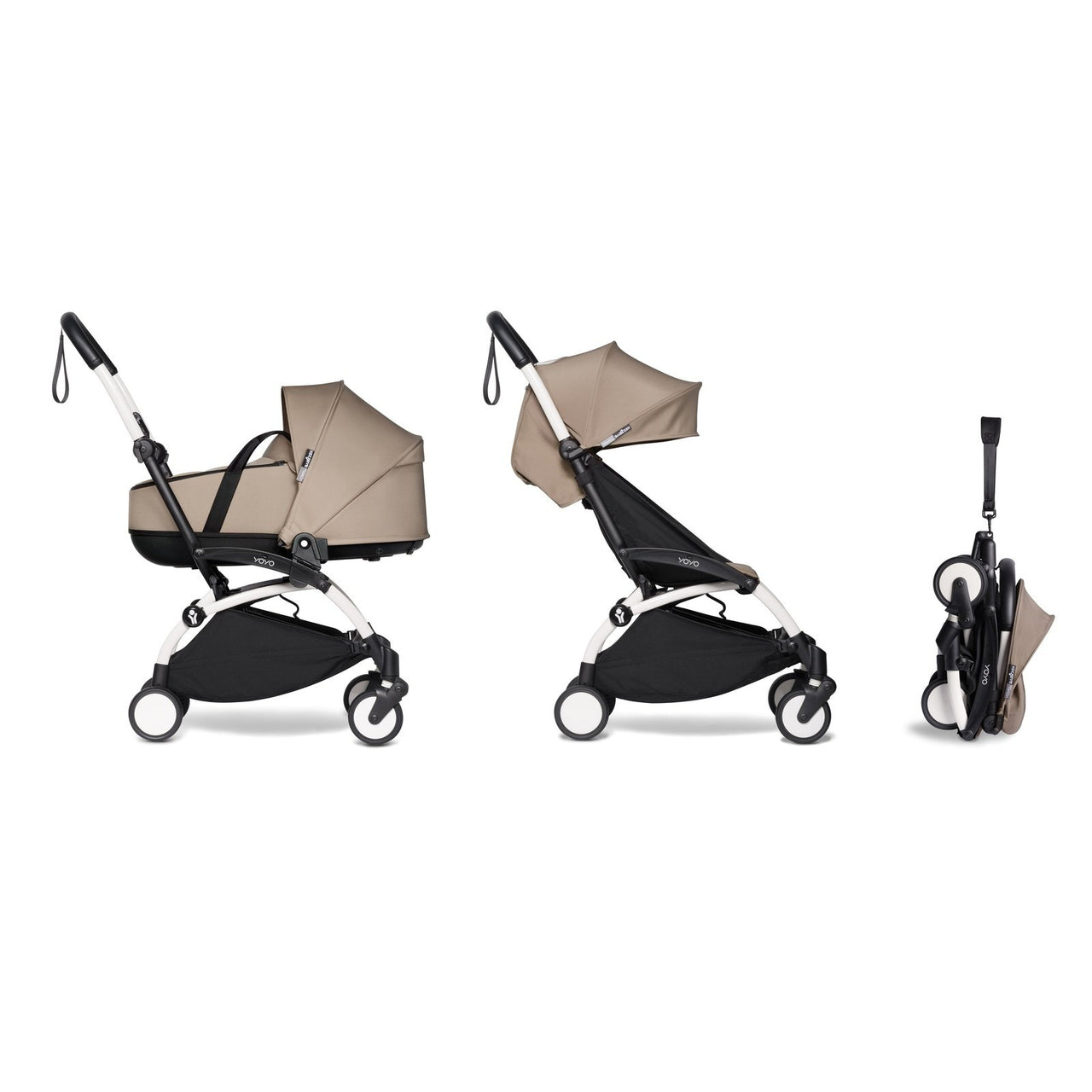 BABYZEN YOYO² (White Frame) Complete with Bassinet - Taupe with FREE 6+ Rain cover